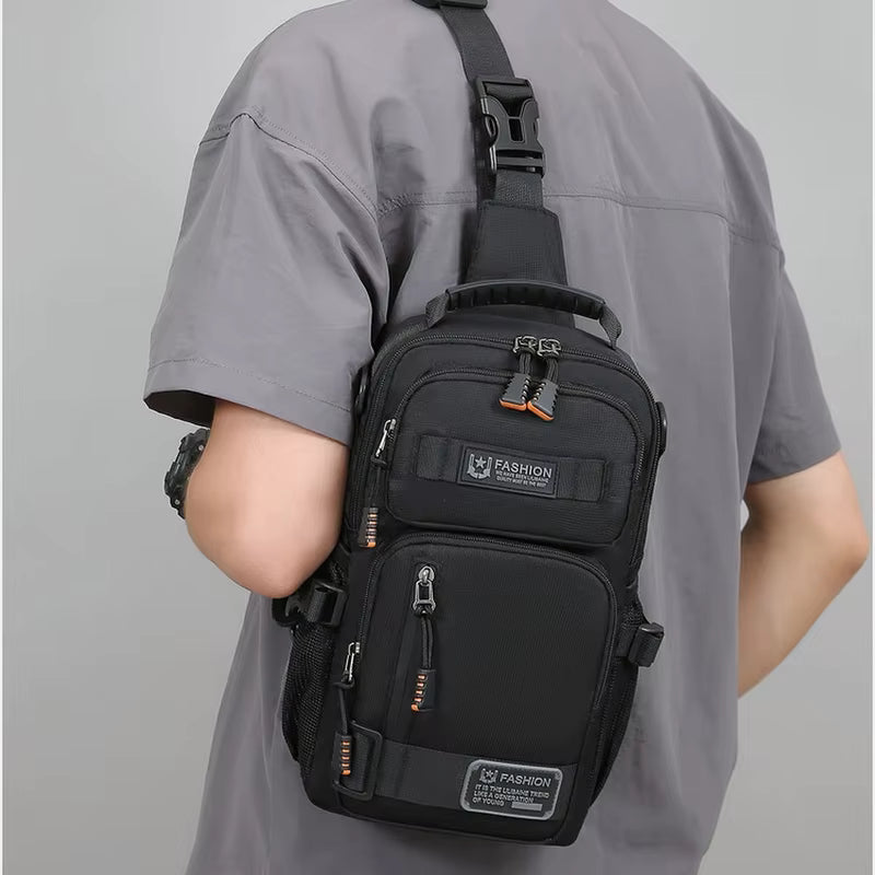 Men's Black Multi-Pocket Shoulder Bag